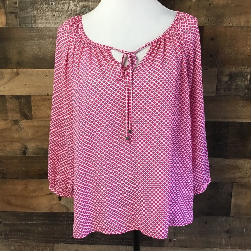 a.n.a. Blouse Tunic Pink White Print Tie Front 3/4 Length Sleeves Medium - Picture 3 of 11